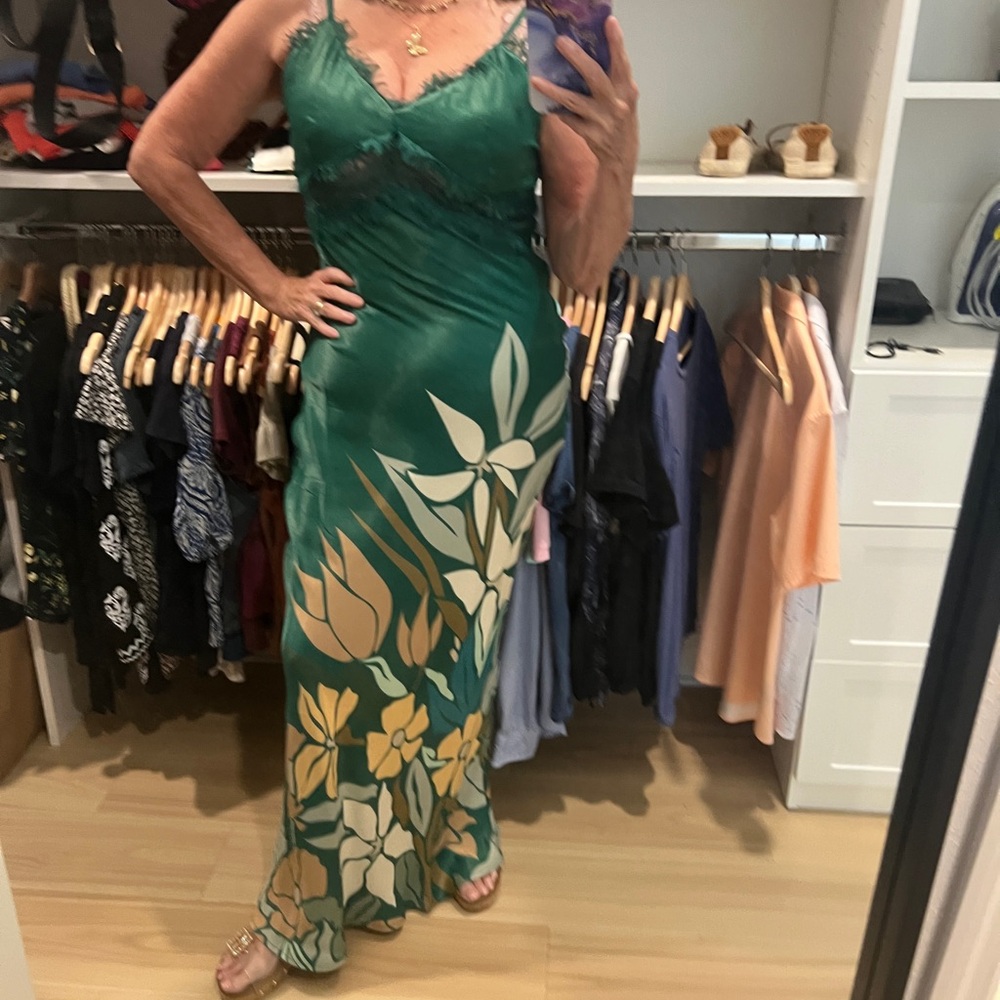 Anthropologie -bl-nk- label Emerald Green Satin Floral Maxi Dress - Picture 6 of 11